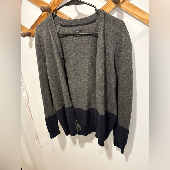 AllSaints men's grey and navy color-block merino wool open-front cardigan. - Picture 2 of 8